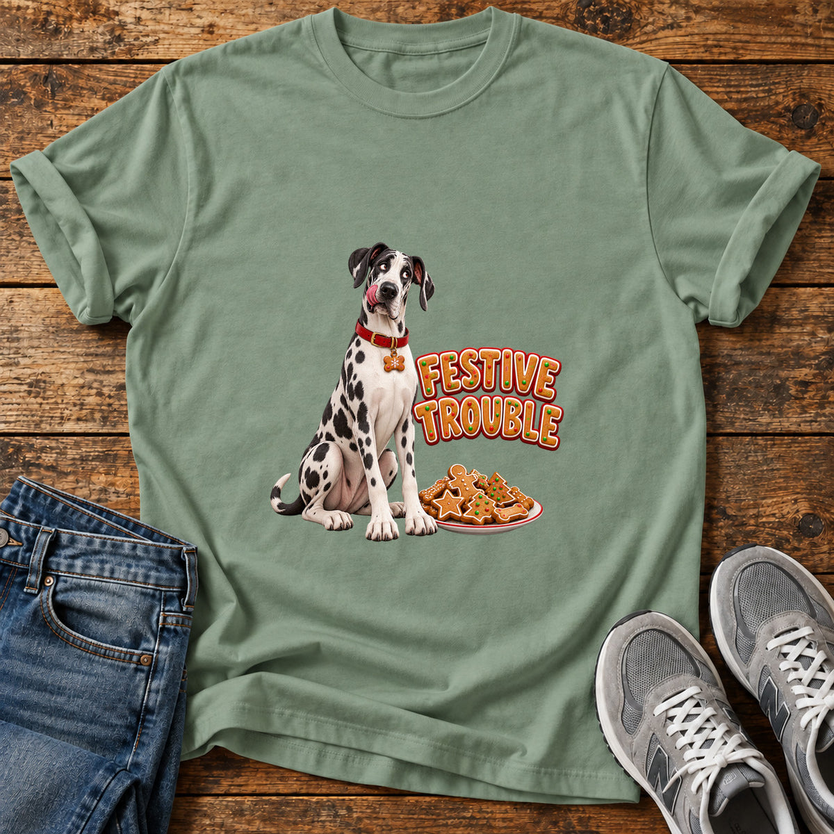 Festive Trouble Great Dane graphic T-shirt in Sage, shown on a flat-lay shirt mockup