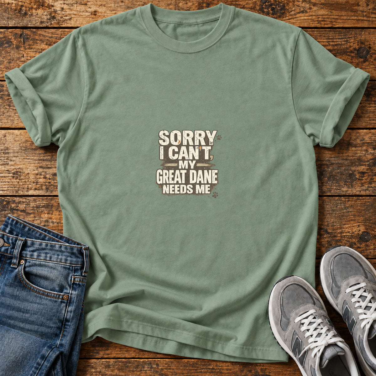 Great Dane Duty graphic T-shirt in Sage, shown on a flat-lay shirt mockup