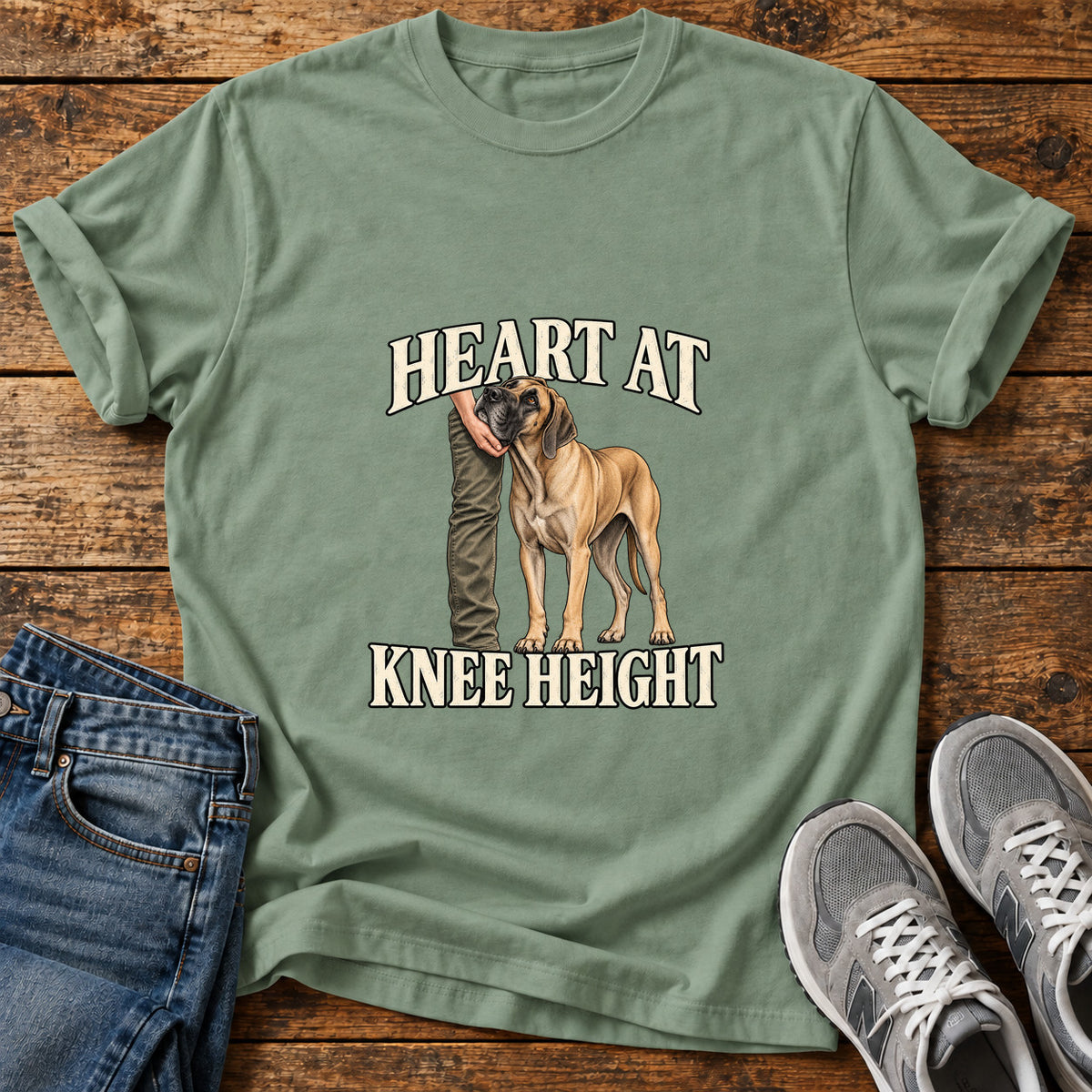 Heart at Knee Great Dane graphic T-shirt in Sage, shown on a flat-lay shirt mockup