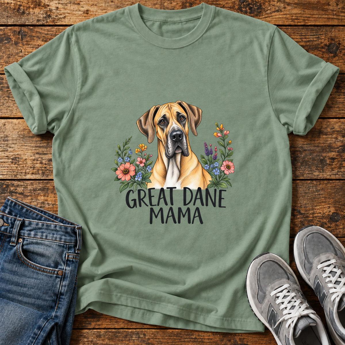 Great Dane Mama graphic T-shirt in Sage, shown on a flat-lay shirt mockup