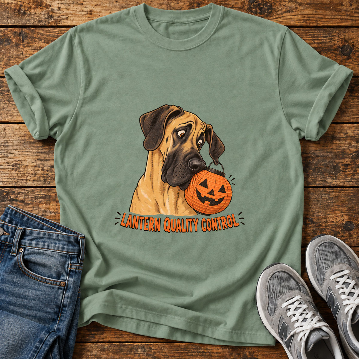 Lantern Quality Control Great Dane graphic T-shirt in Sage, shown on a flat-lay shirt mockup