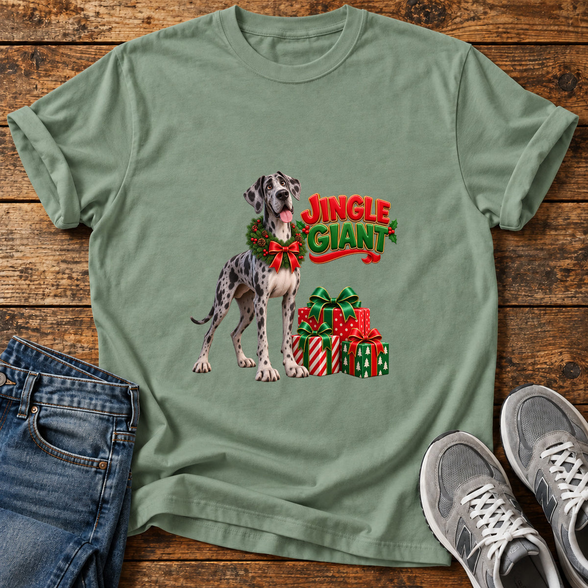 Jingle Giant Great Dane graphic T-shirt in Sage, shown on a flat-lay shirt mockup