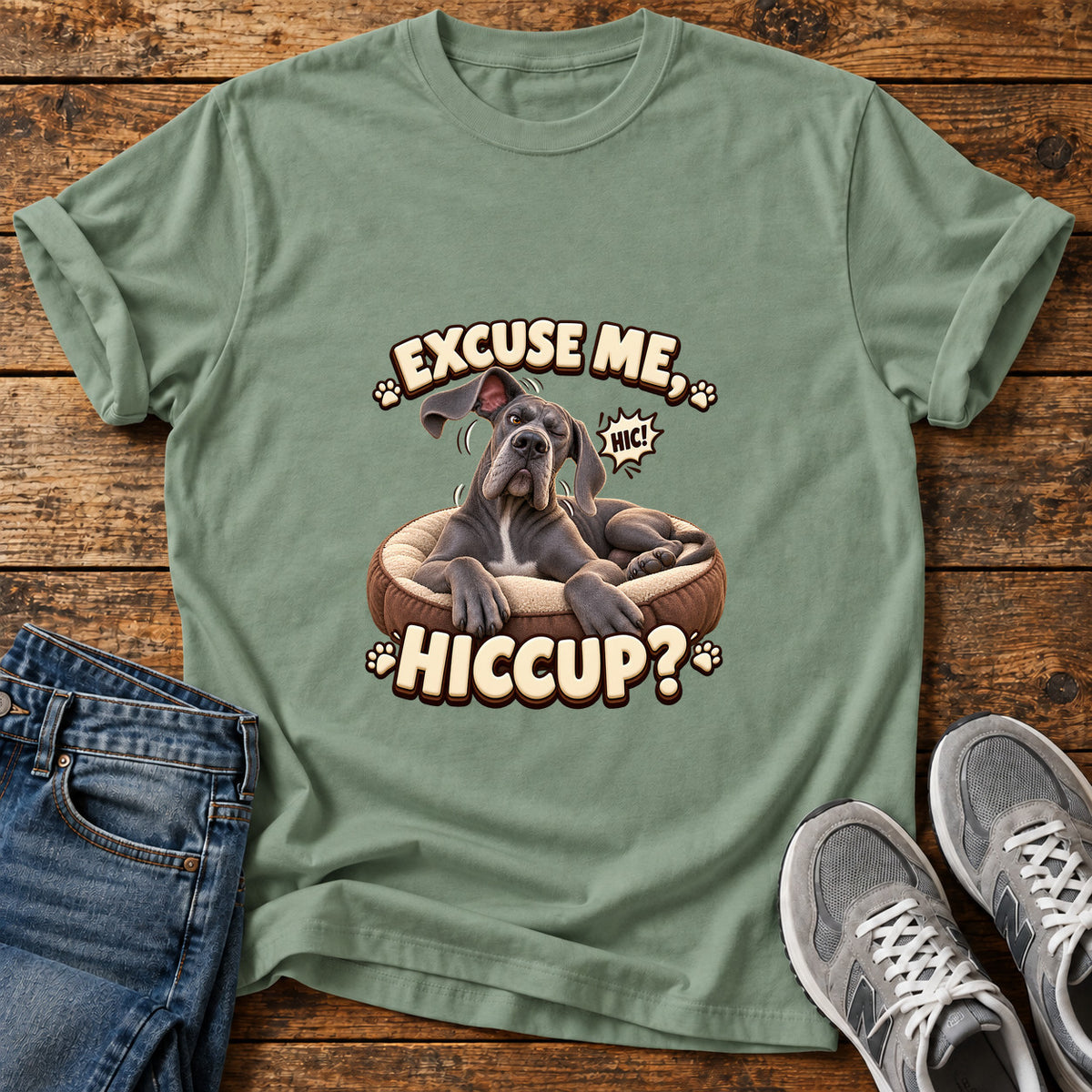 Excuse Hiccup Great Dane graphic T-shirt in Sage, shown on a flat-lay shirt mockup