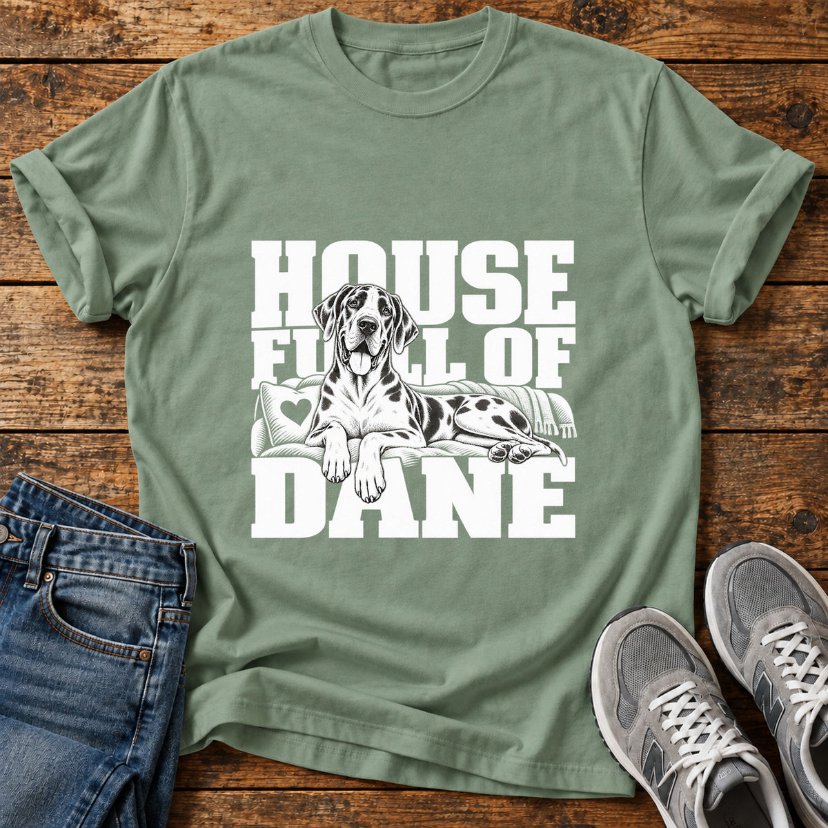 House Full Great Dane graphic T-shirt in Sage, shown on a flat-lay shirt mockup