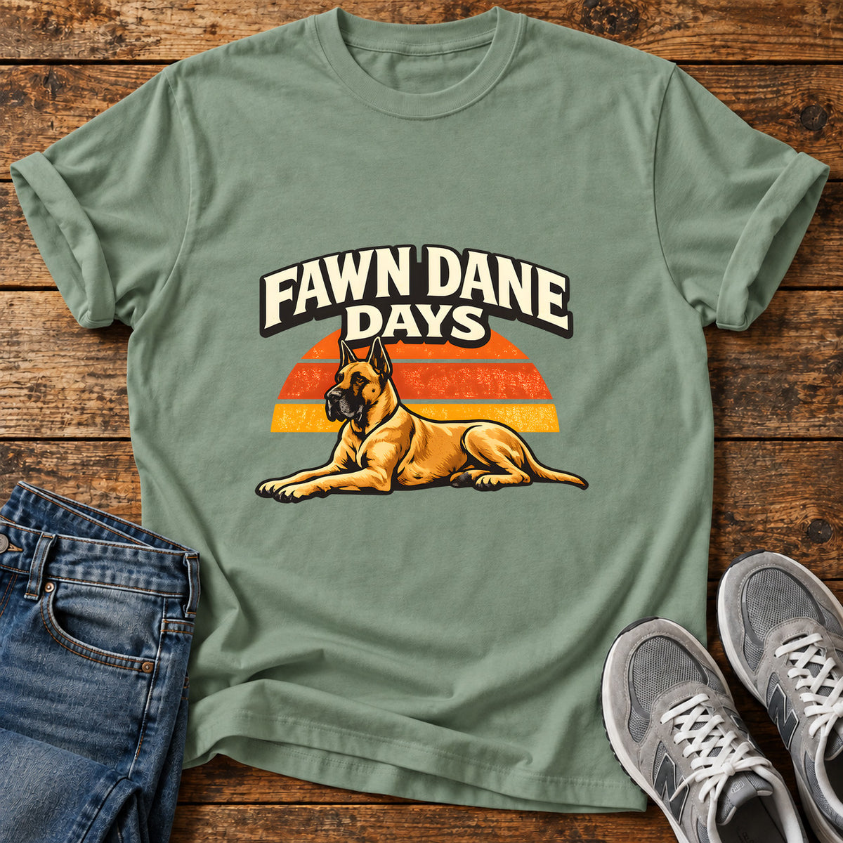 Fawn Dane Days Great Dane graphic T-shirt in Sage, shown on a flat-lay shirt mockup