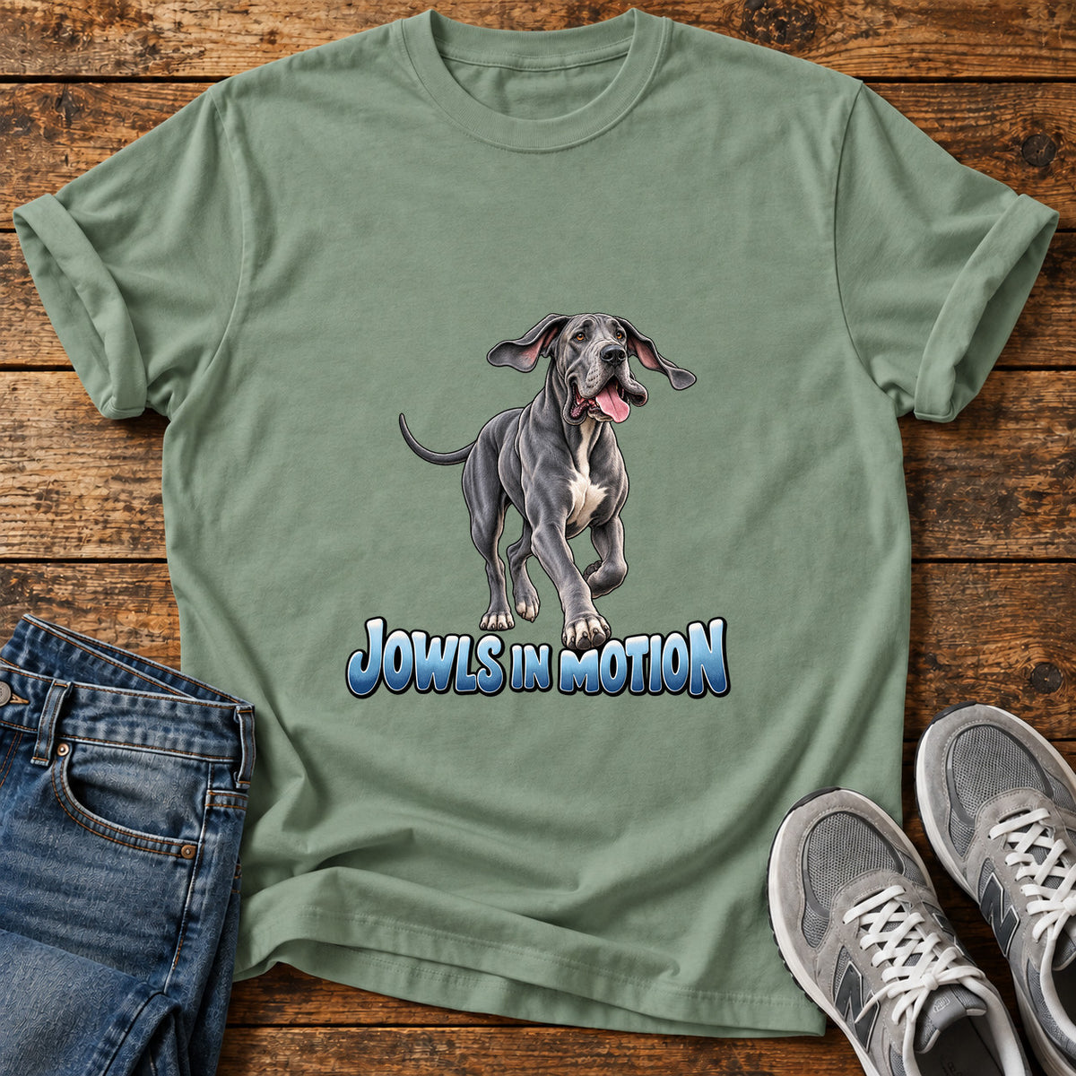 Jowls In Motion Great Dane graphic T-shirt in Sage, shown on a flat-lay shirt mockup