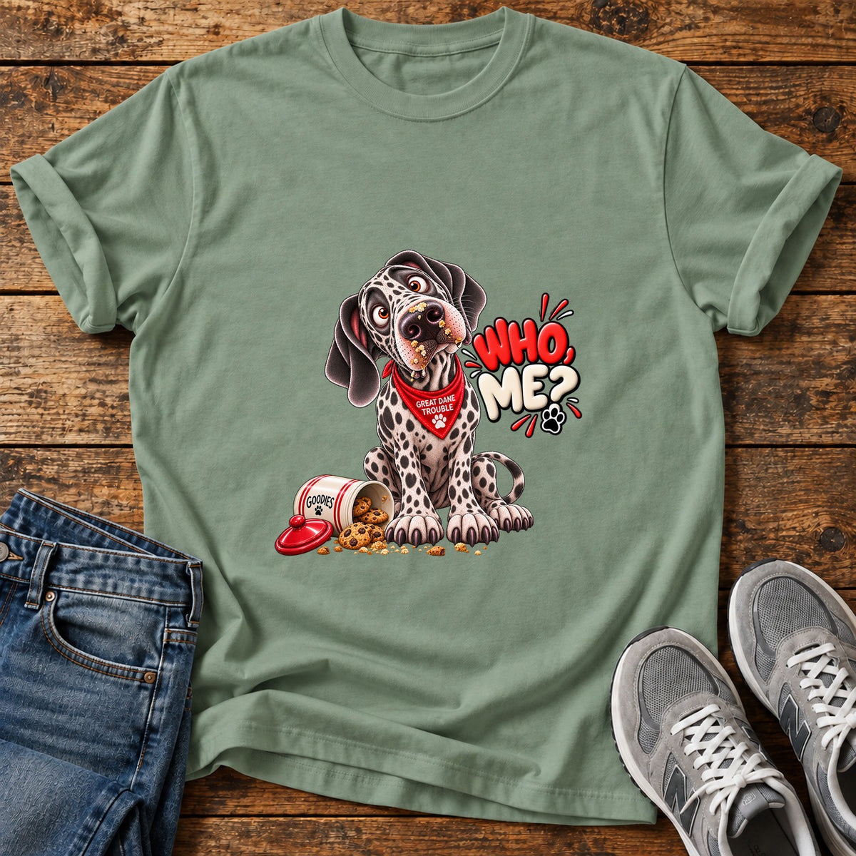 Who Me Great Dane graphic T-shirt in Sage, shown on a flat-lay shirt mockup