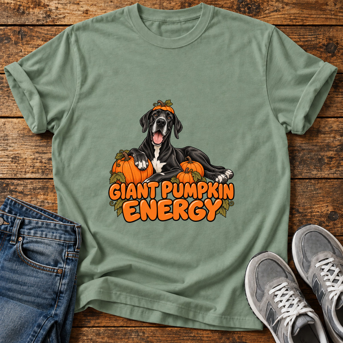 Giant Pumpkin Energy Great Dane graphic T-shirt in Sage, shown on a flat-lay shirt mockup