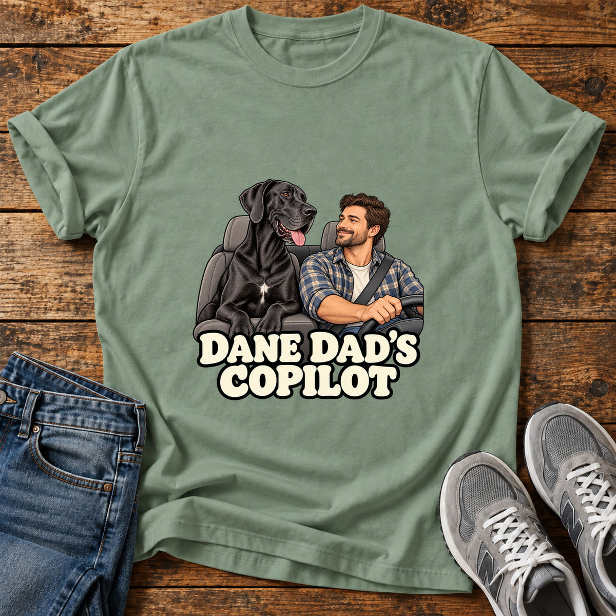Dane Copilot Great Dane graphic T-shirt in Sage, shown on a flat-lay shirt mockup
