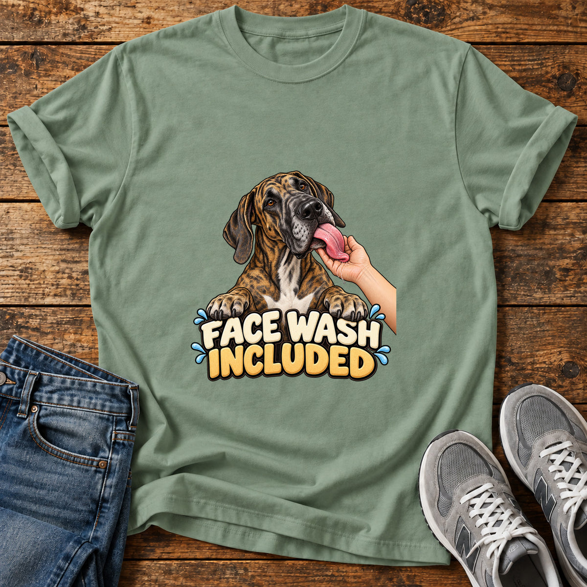 Face Wash Included Great Dane graphic T-shirt in Sage, shown on a flat-lay shirt mockup