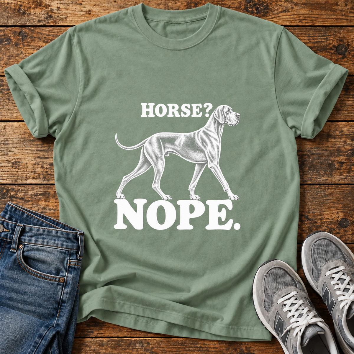 Horse Nope Great Dane graphic T-shirt in Sage, shown on a flat-lay shirt mockup
