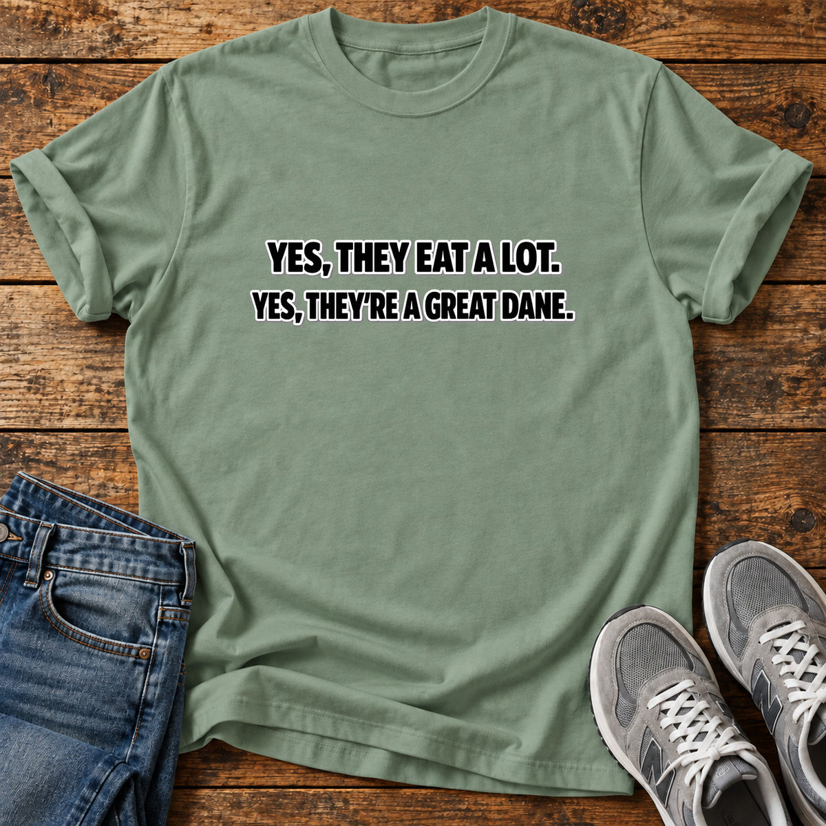 Great Dane Facts graphic T-shirt in Sage, shown on a flat-lay shirt mockup