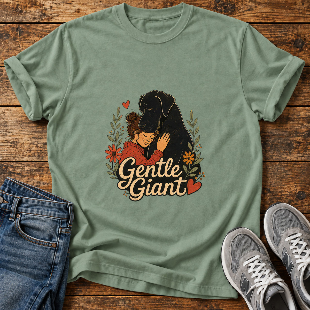 Gentle Giant Great Dane graphic T-shirt in Sage, shown on a flat-lay shirt mockup