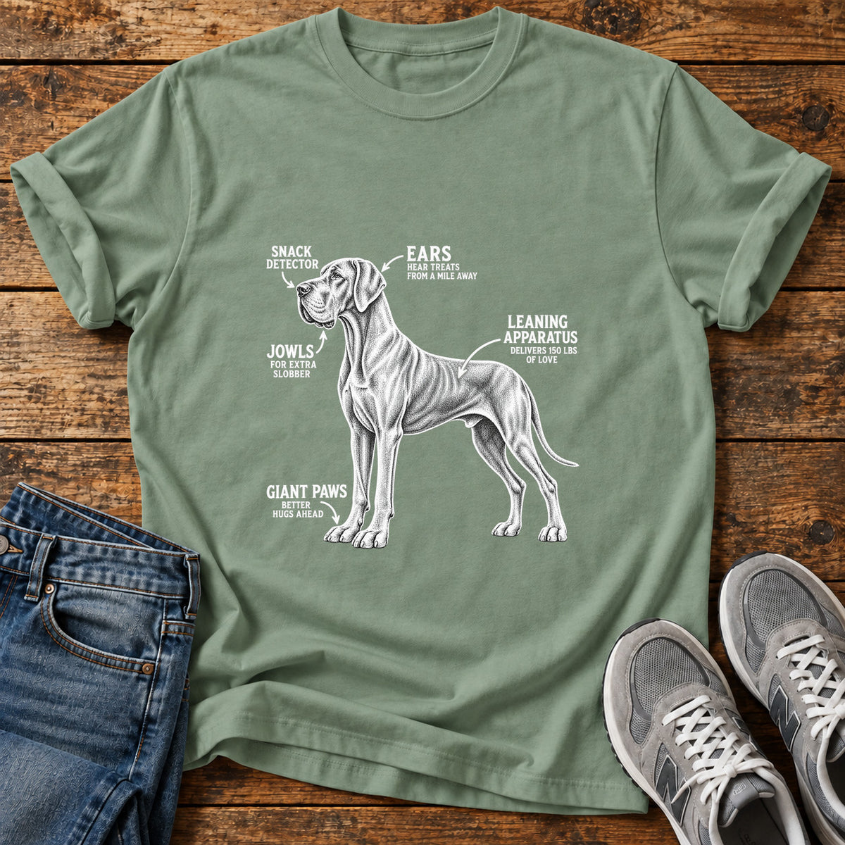 Snack Detector Great Dane graphic T-shirt in Sage, shown on a flat-lay shirt mockup