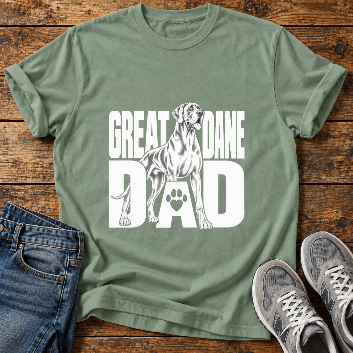 Great Dane Dad graphic T-shirt in Sage, shown on a flat-lay shirt mockup