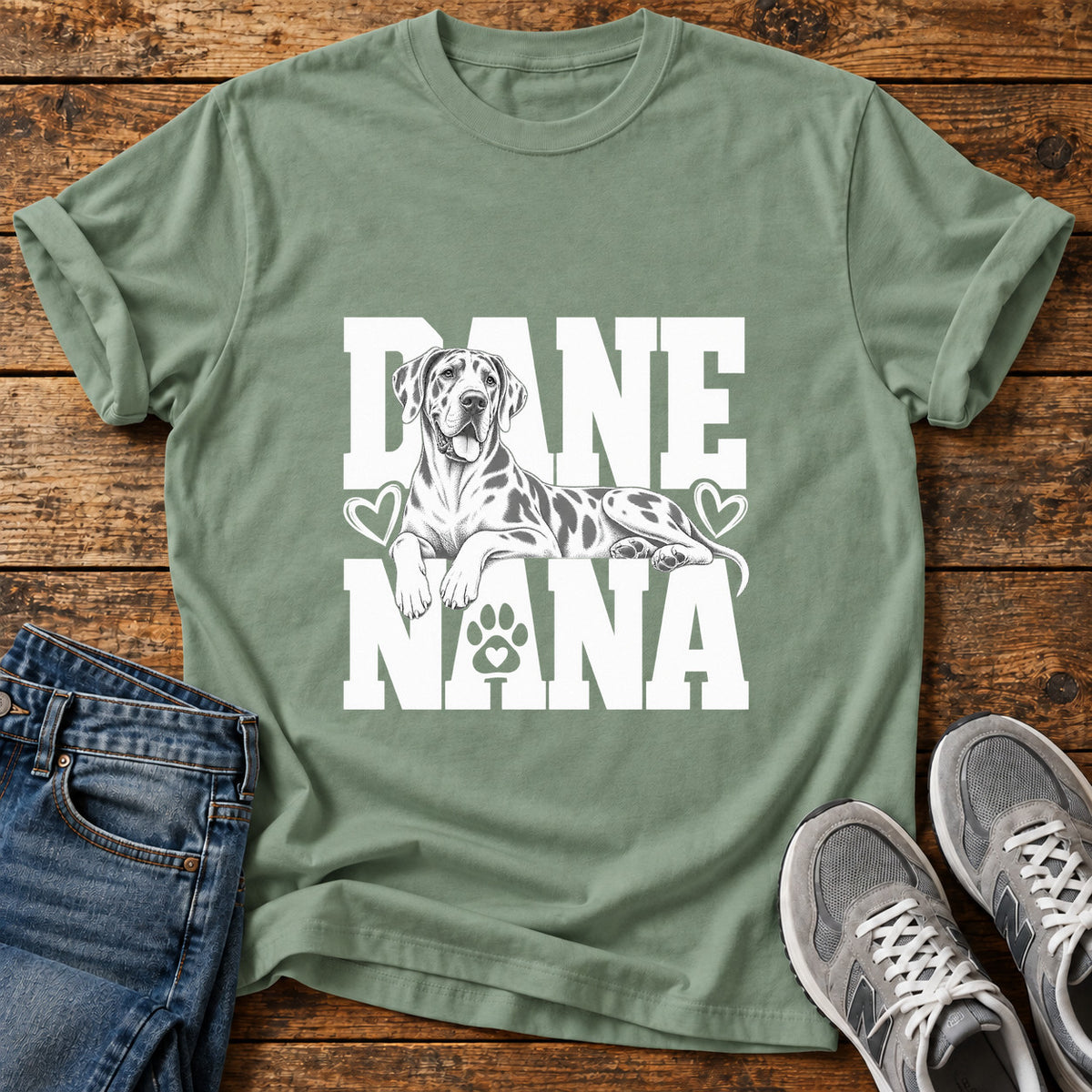 Dane Nana Great Dane graphic T-shirt in Sage, shown on a flat-lay shirt mockup