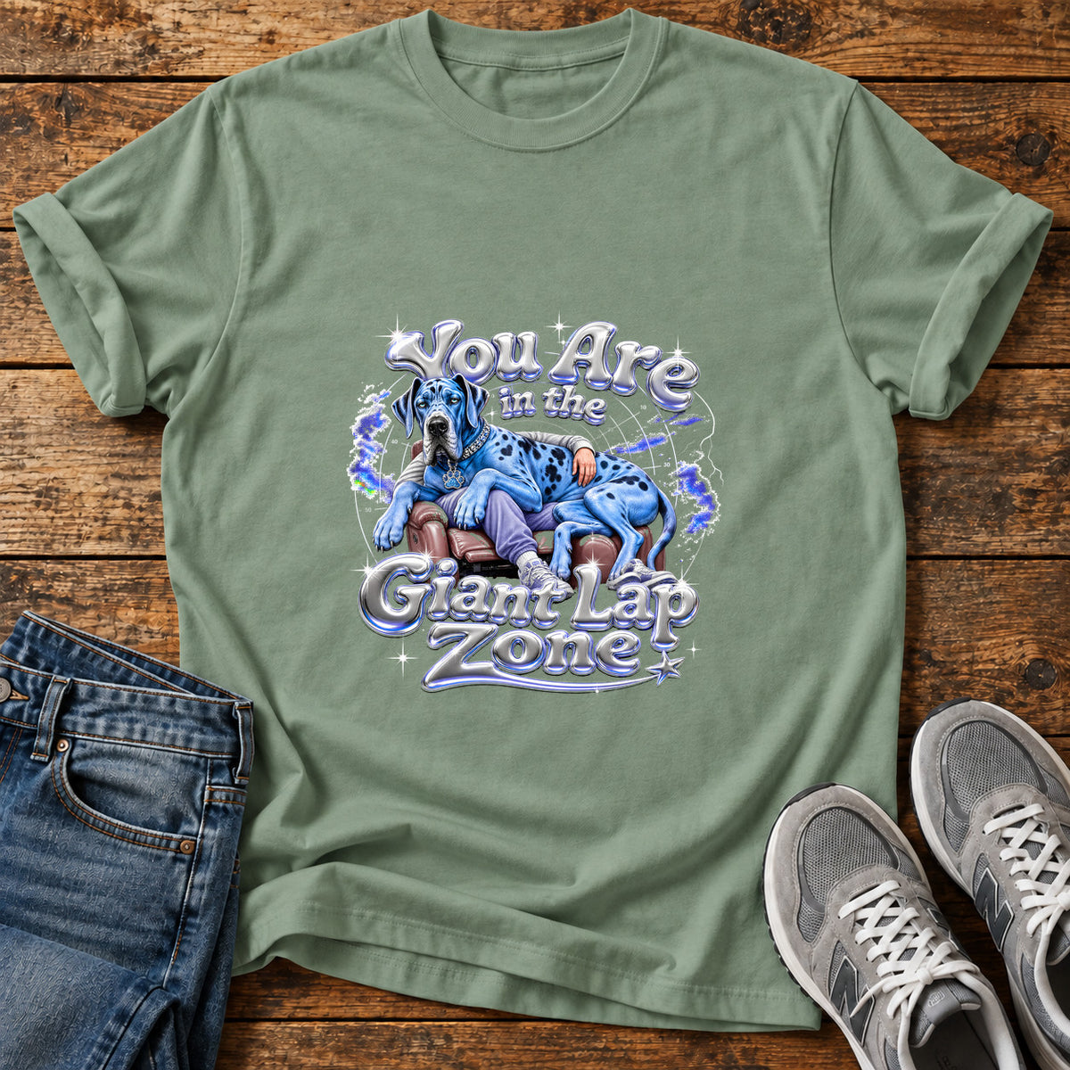 Giant Lap Zone Great Dane graphic T-shirt in Sage, shown on a flat-lay shirt mockup