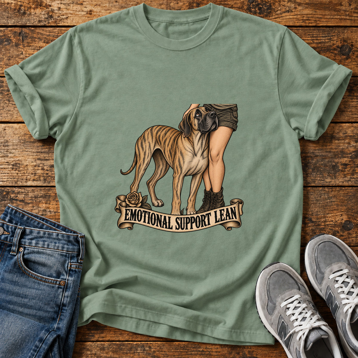 Emotional Support Lean Great Dane graphic T-shirt in Sage, shown on a flat-lay shirt mockup