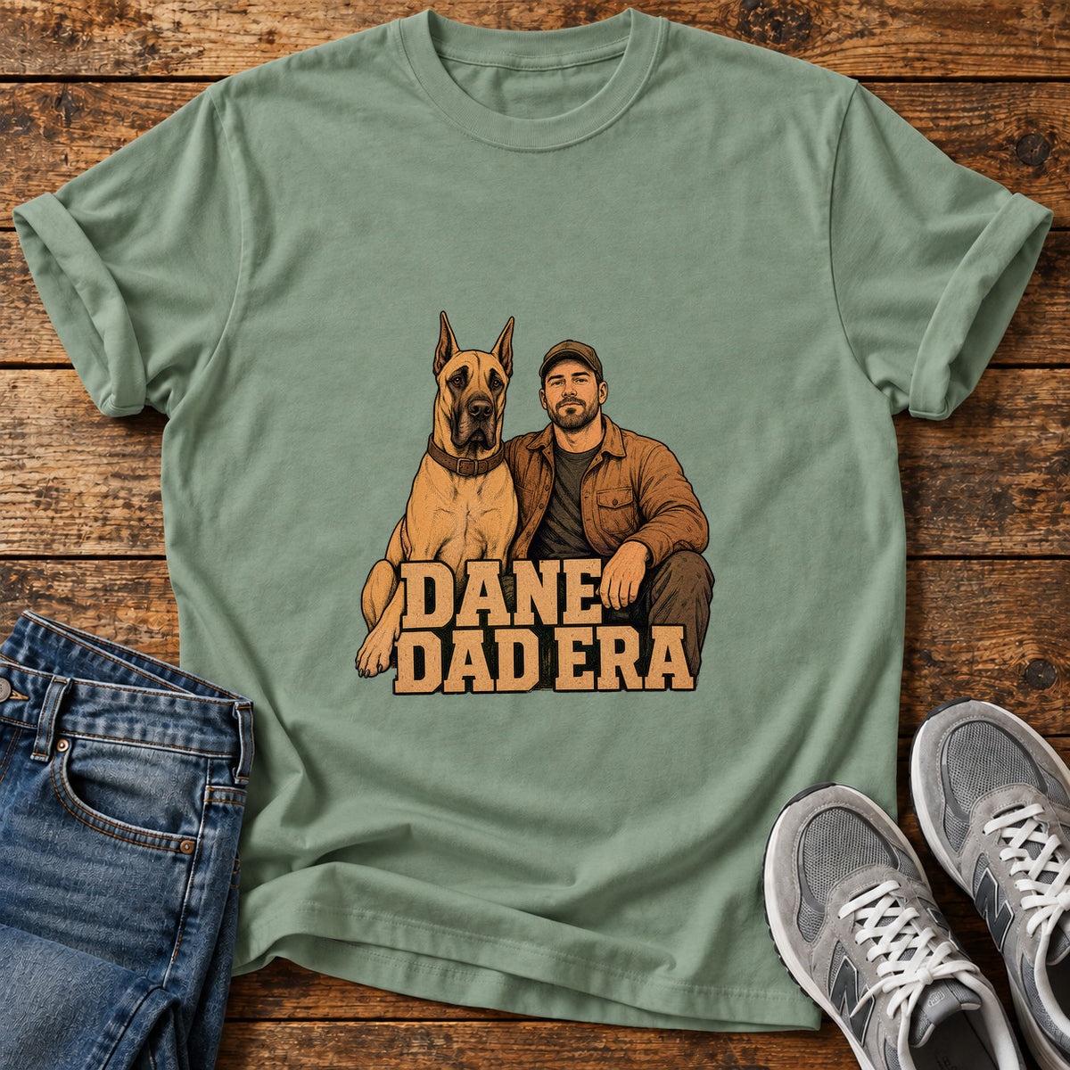 Dane Dad Era Great Dane graphic T-shirt in Sage, shown on a flat-lay shirt mockup