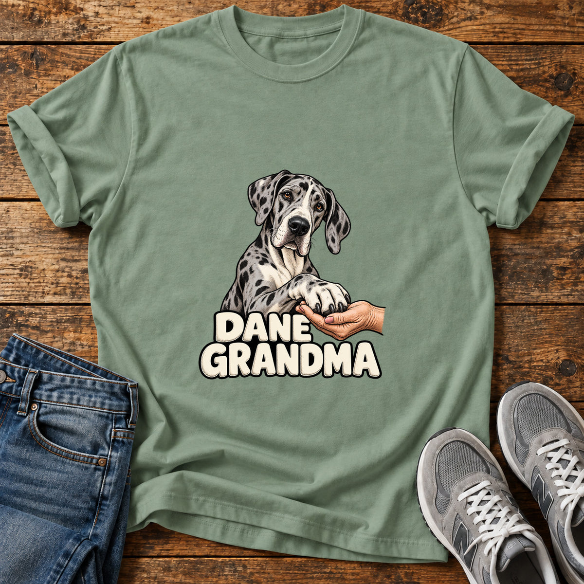 Dane Grandma Great Dane graphic T-shirt in Sage, shown on a flat-lay shirt mockup