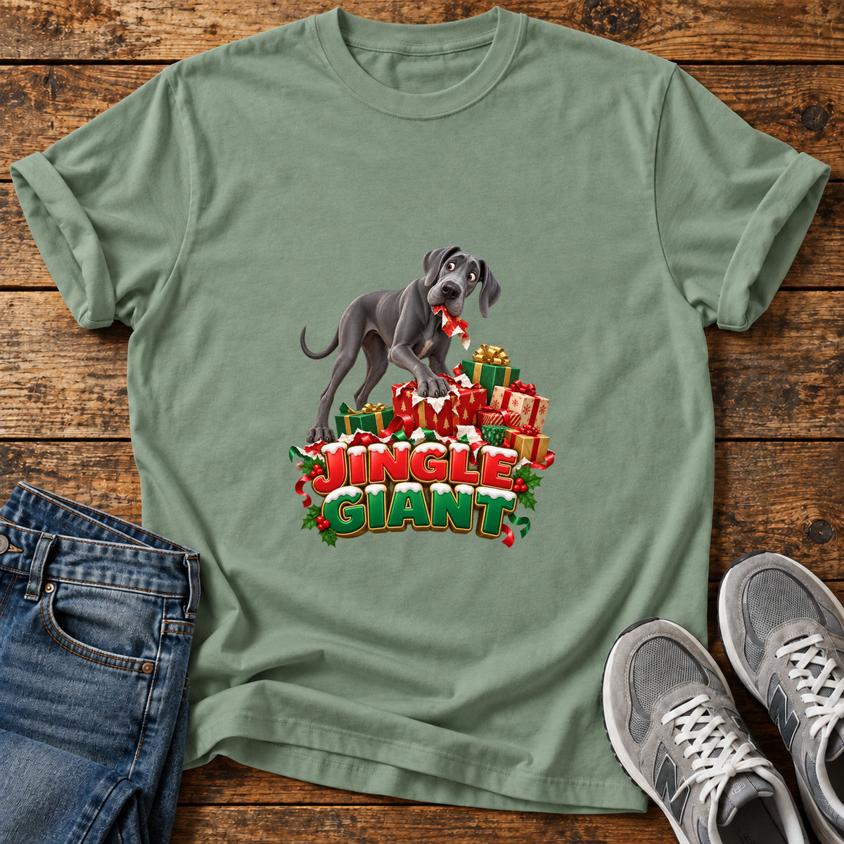 Jingle Giant Great Dane graphic T-shirt in Sage, shown on a flat-lay shirt mockup