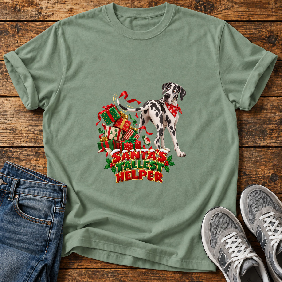 Santa's Tallest Helper Great Dane graphic T-shirt in Sage, shown on a flat-lay shirt mockup