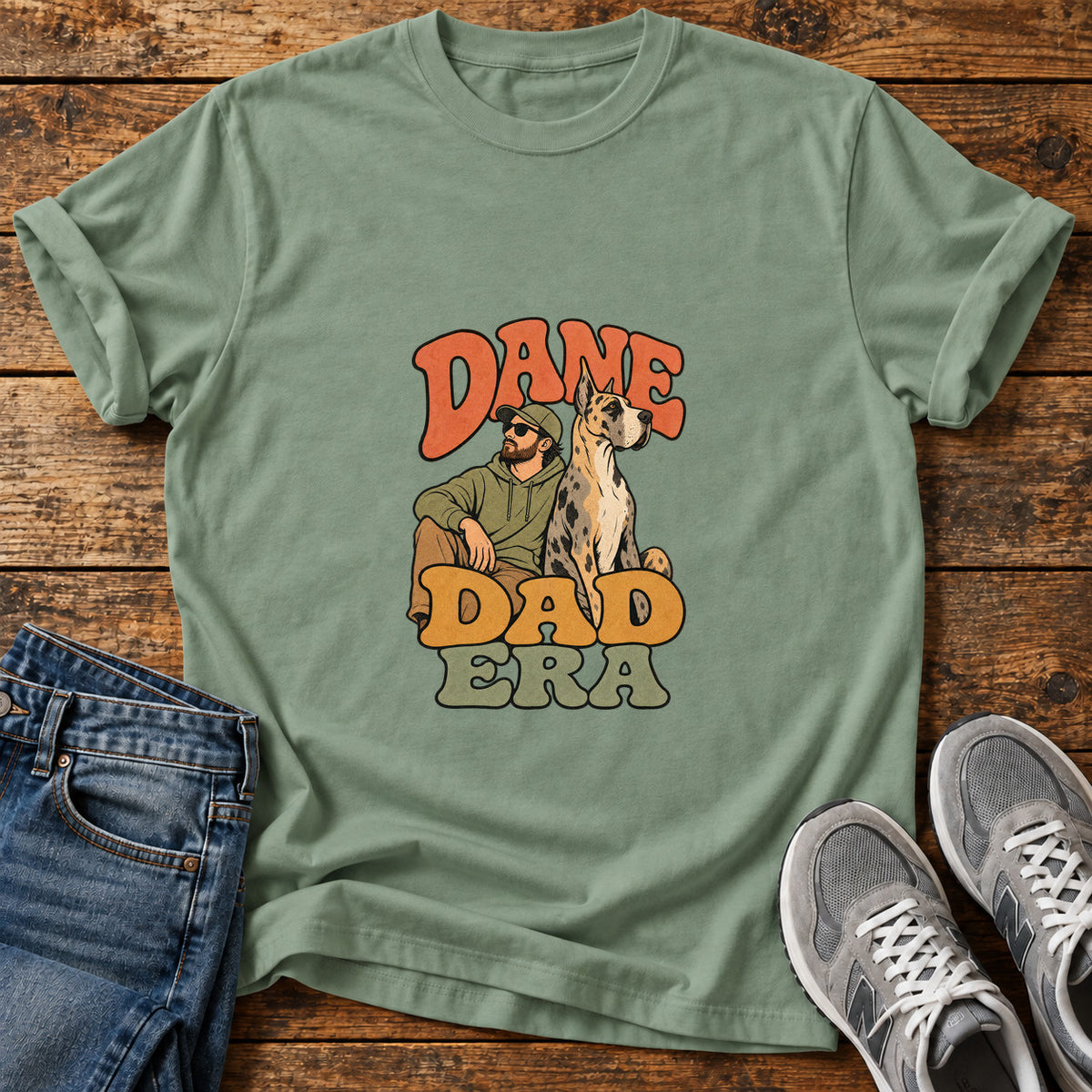 Dane Dad Era Great Dane graphic T-shirt in Sage, shown on a flat-lay shirt mockup