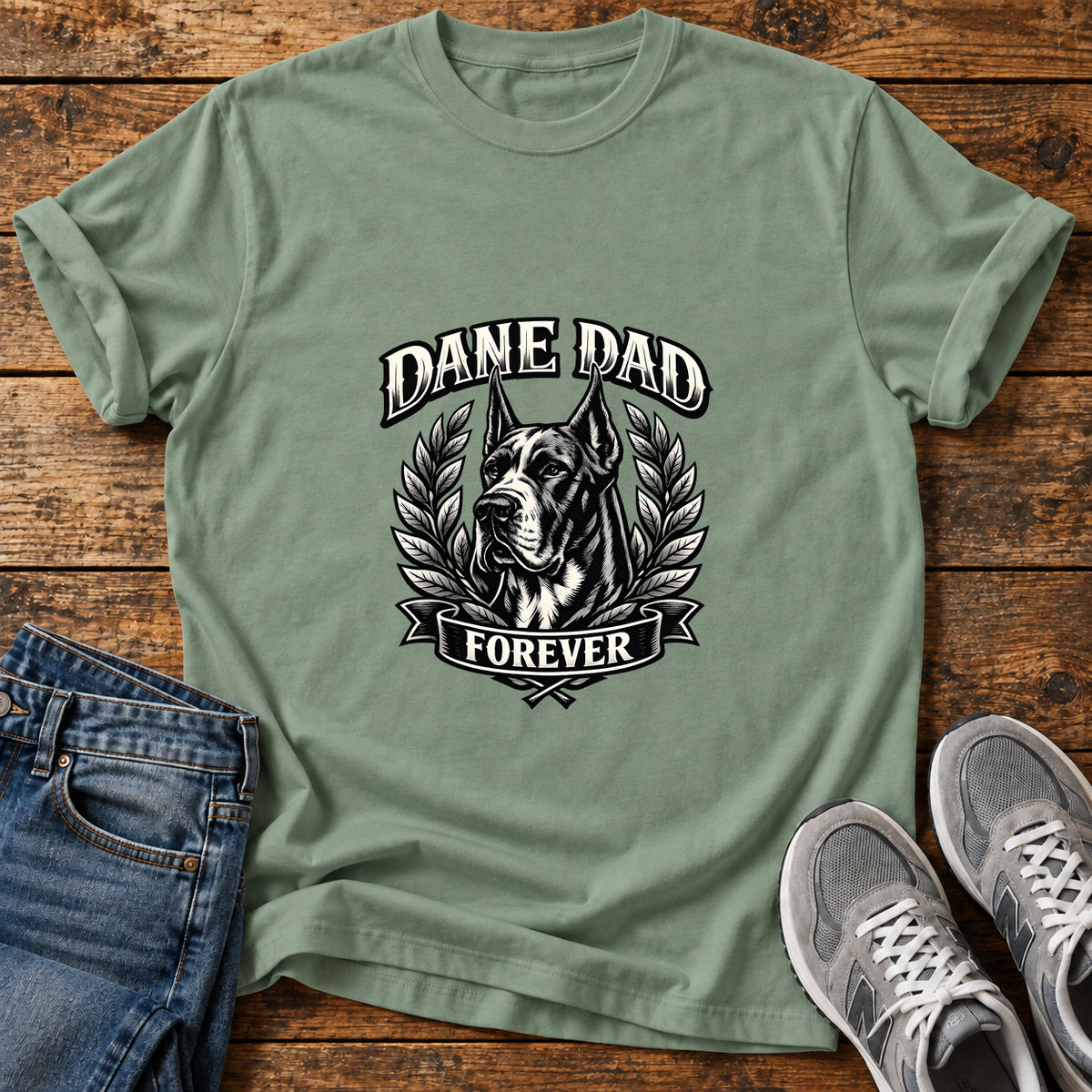 Dane Dad Forever Great Dane graphic T-shirt in Sage, shown on a flat-lay shirt mockup