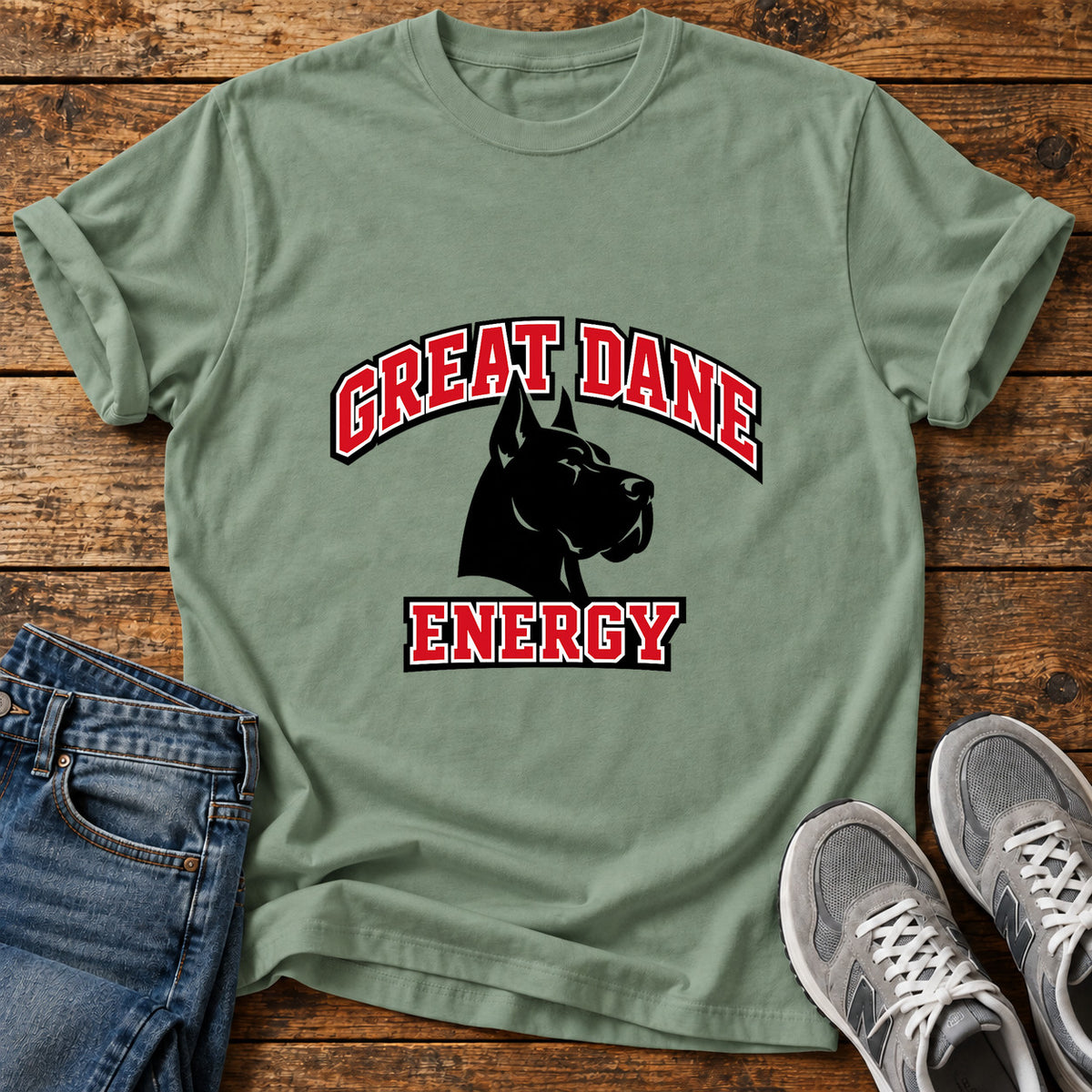 Great Dane Energy graphic T-shirt in Sage, shown on a flat-lay shirt mockup