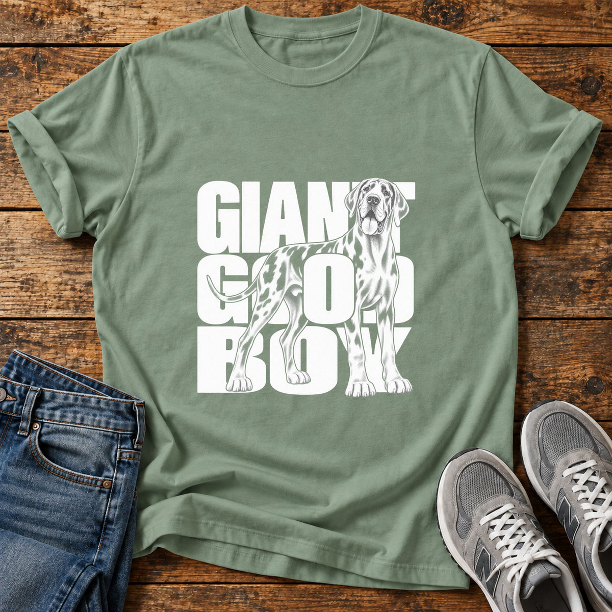 Giant Good Boy Great Dane graphic T-shirt in Sage, shown on a flat-lay shirt mockup