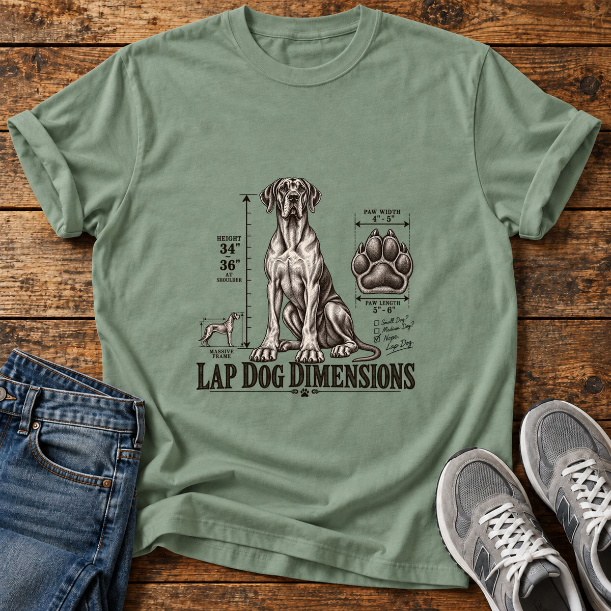 Lap Dog Dimensions Great Dane graphic T-shirt in Sage, shown on a flat-lay shirt mockup