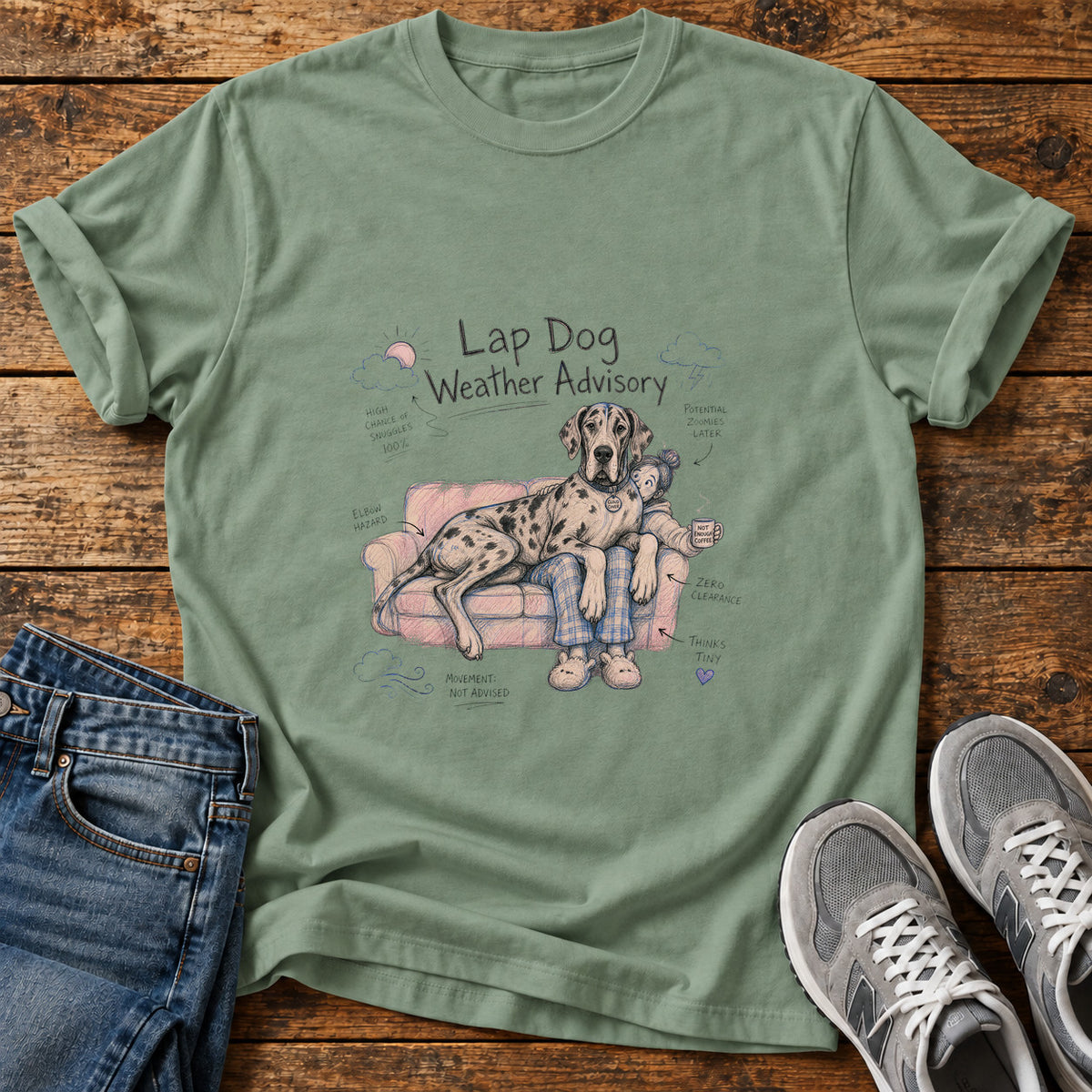 Lap Dog Advisory Great Dane graphic T-shirt in Sage, shown on a flat-lay shirt mockup