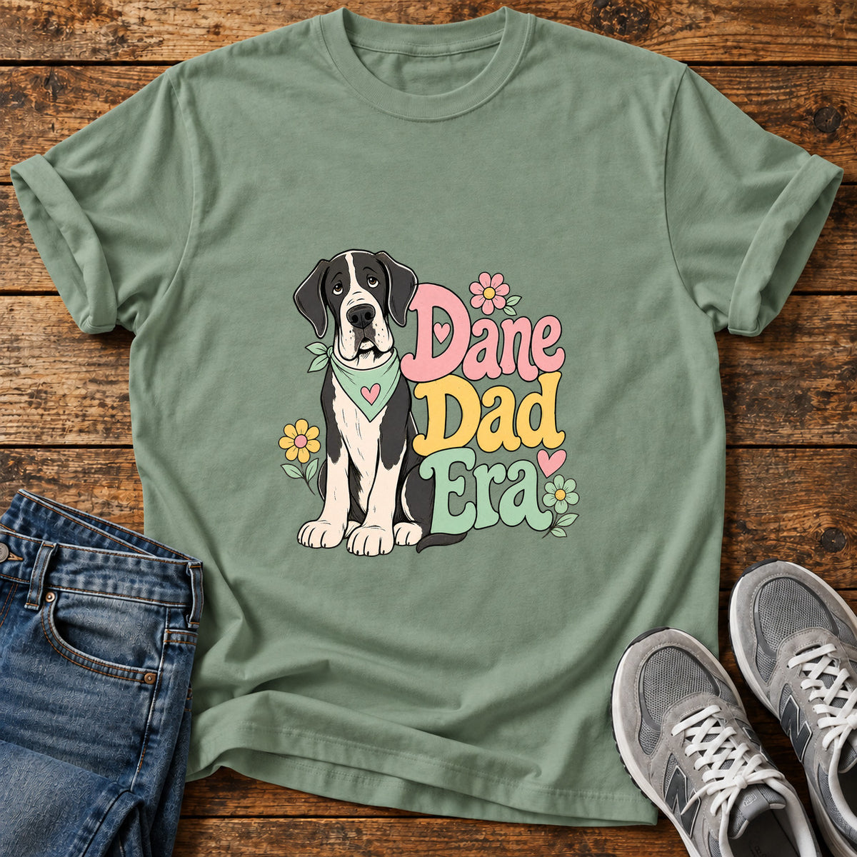Dane Dad Era Great Dane graphic T-shirt in Sage, shown on a flat-lay shirt mockup