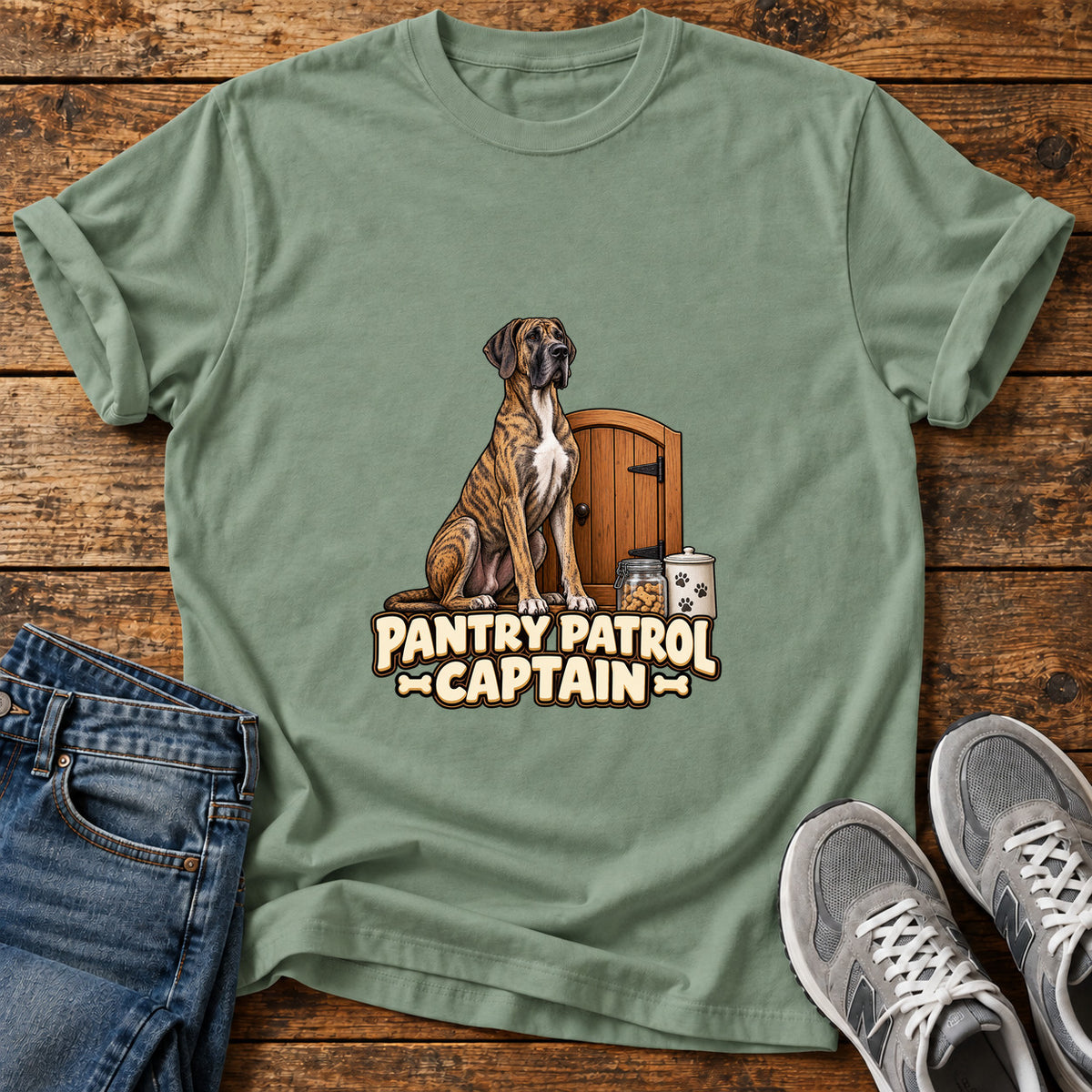 Pantry Patrol Captain Great Dane graphic T-shirt in Sage, shown on a flat-lay shirt mockup