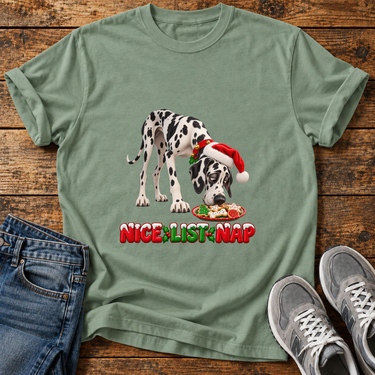 Nice List Nap Great Dane graphic T-shirt in Sage, shown on a flat-lay shirt mockup