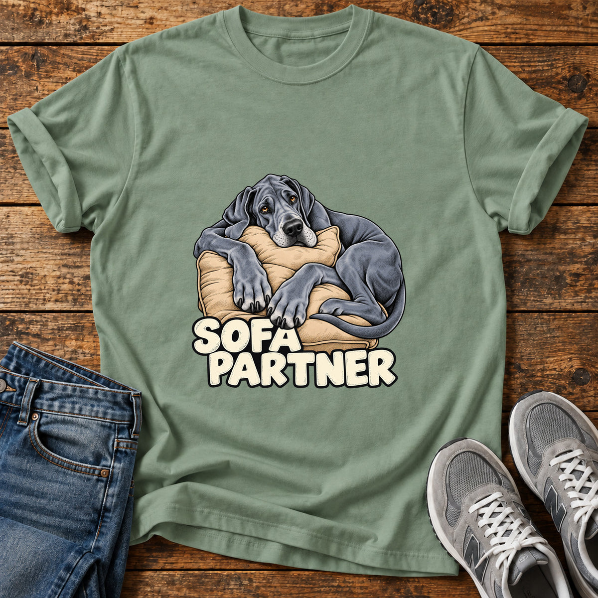 Sofa Partner Great Dane graphic T-shirt in Sage, shown on a flat-lay shirt mockup