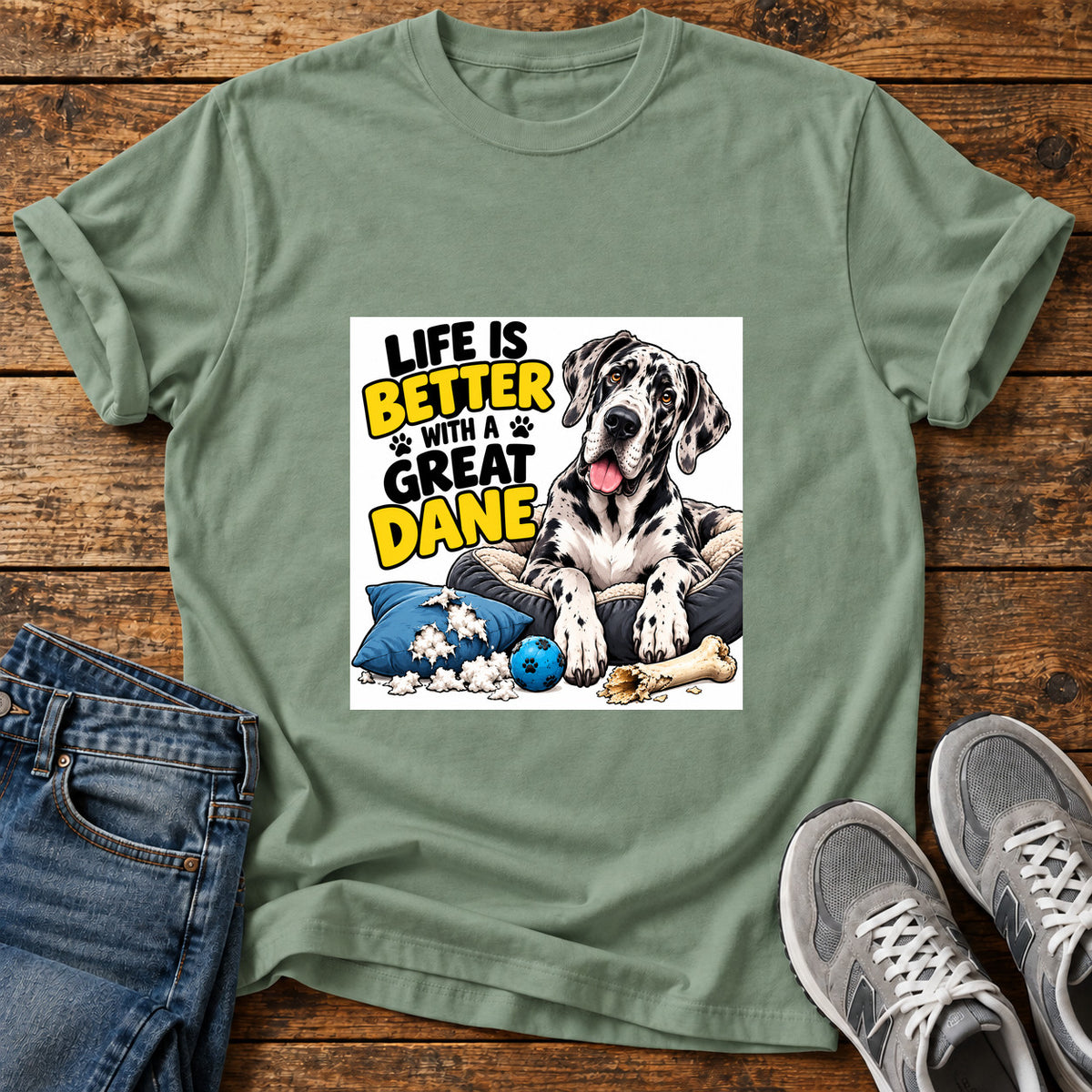 Great Dane Life graphic T-shirt in Sage, shown on a flat-lay shirt mockup