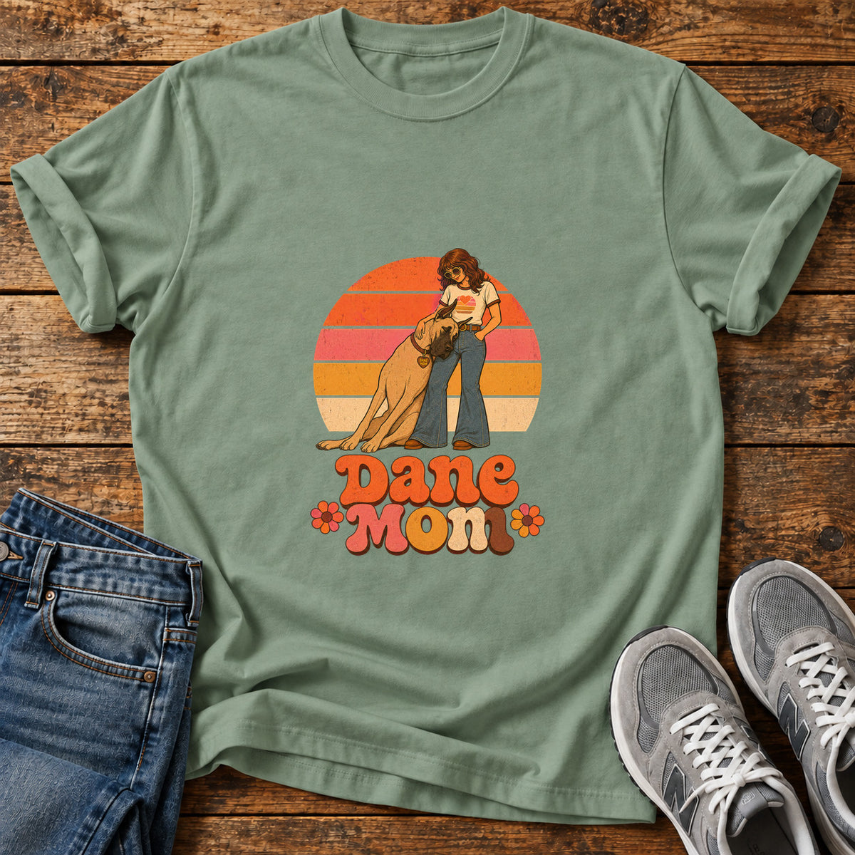 Dane Mom Great Dane graphic T-shirt in Sage, shown on a flat-lay shirt mockup