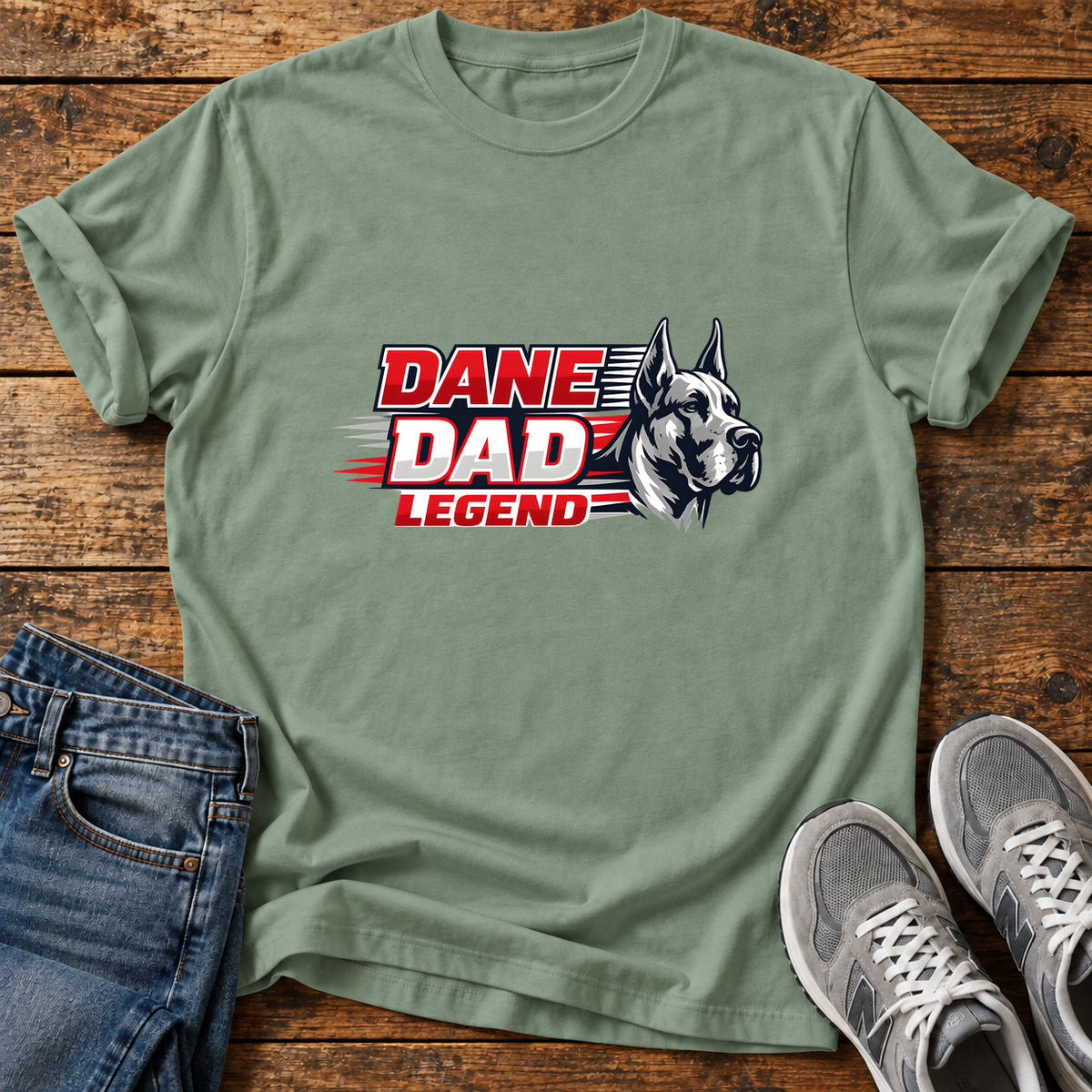 Dane Dad Legend Great Dane graphic T-shirt in Sage, shown on a flat-lay shirt mockup