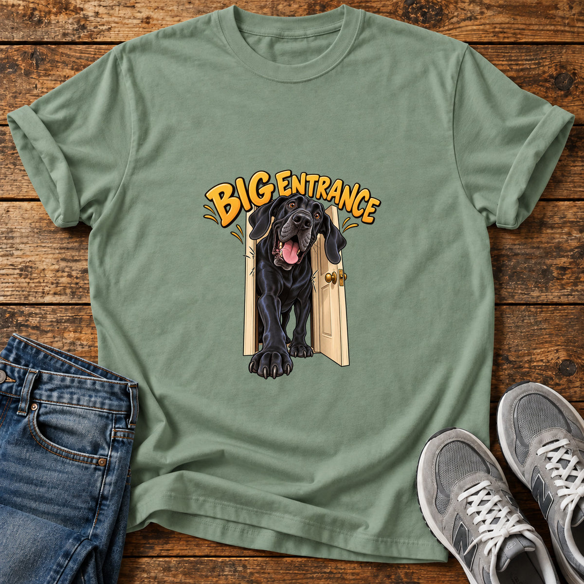 Big Entrance Great Dane graphic T-shirt in Sage, shown on a flat-lay shirt mockup