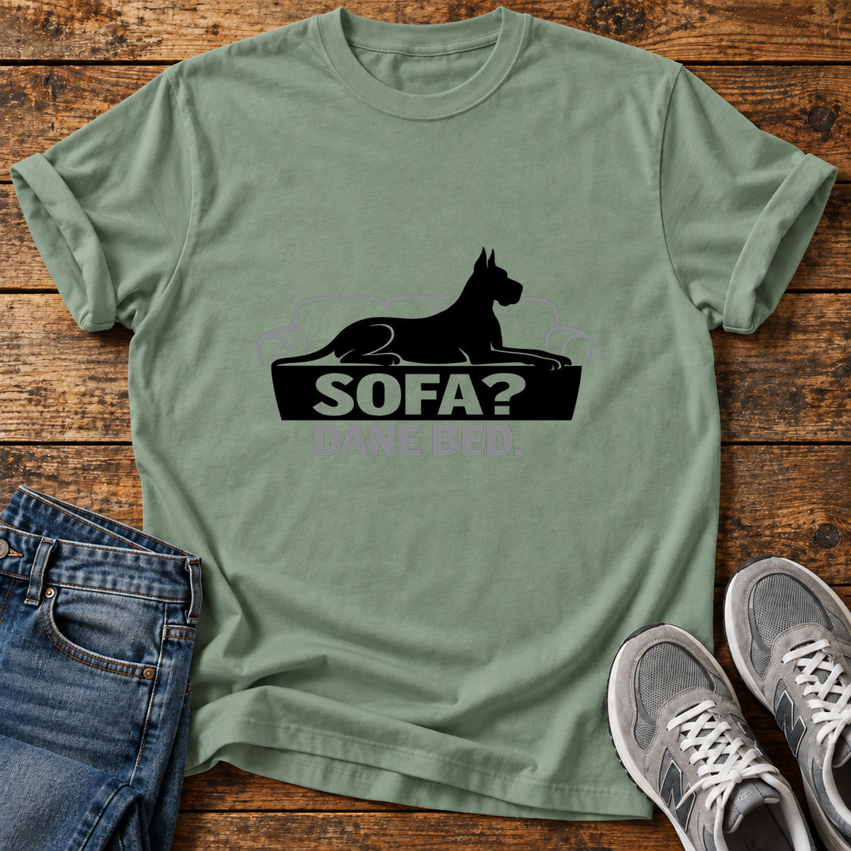 Sofa Dane Bed Great Dane graphic T-shirt in Sage, shown on a flat-lay shirt mockup