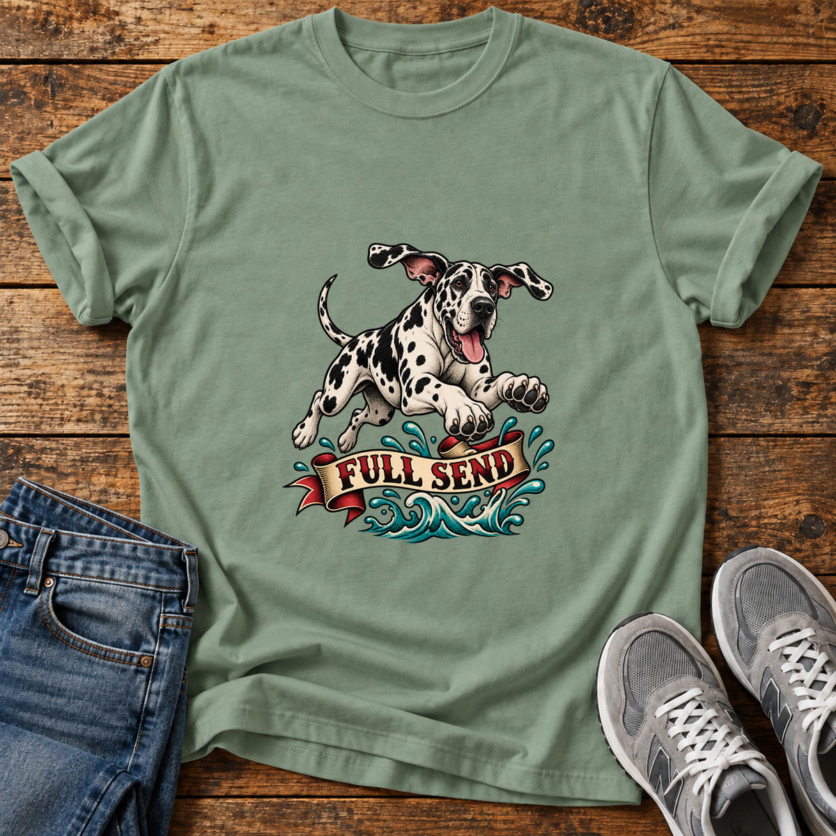 Full Send Pup Great Dane graphic T-shirt in Sage, shown on a flat-lay shirt mockup