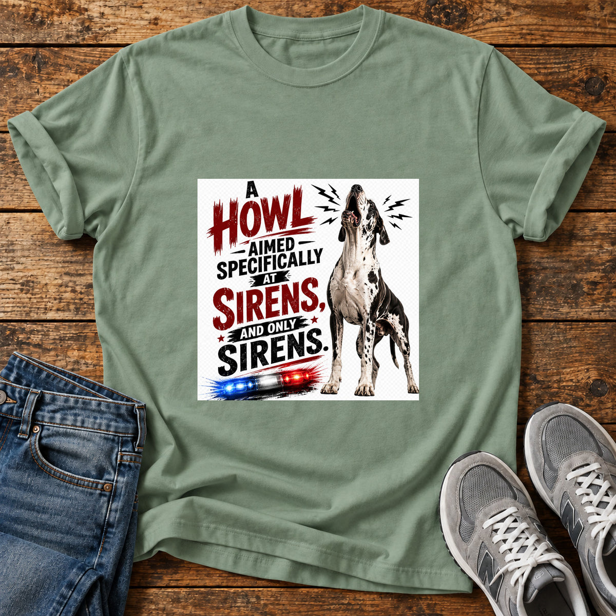 Howl At Sirens Great Dane graphic T-shirt in Sage, shown on a flat-lay shirt mockup