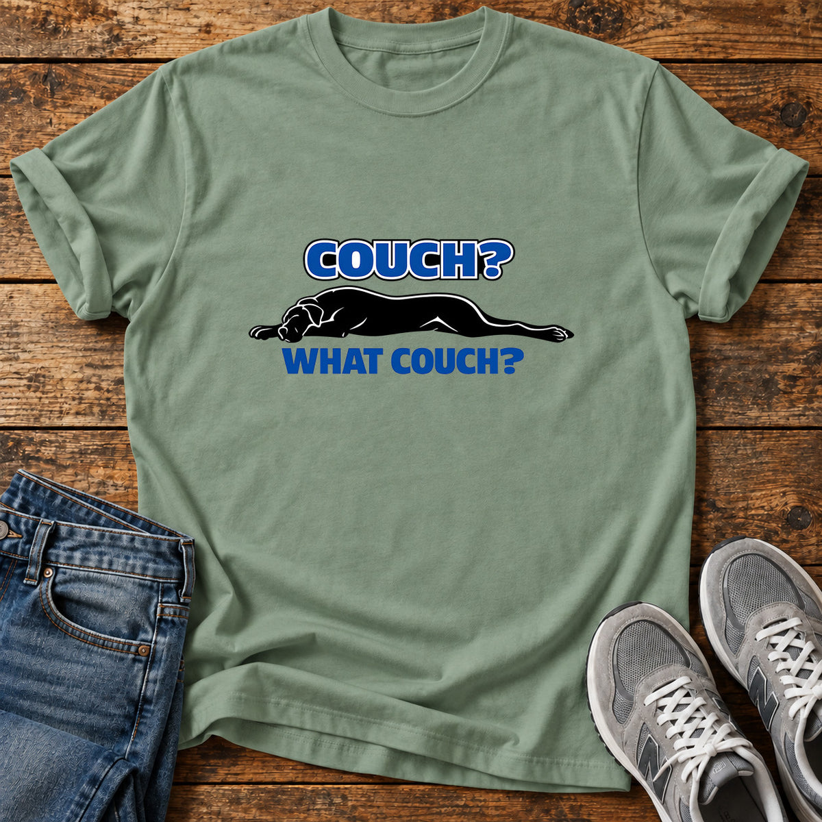 Couch What Couch Great Dane graphic T-shirt in Sage, shown on a flat-lay shirt mockup
