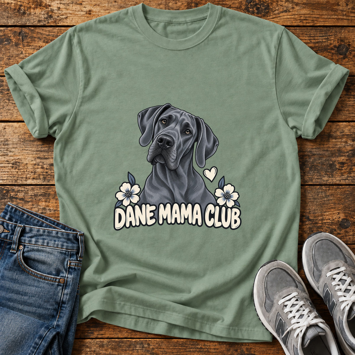 Dane Mama Club Great Dane graphic T-shirt in Sage, shown on a flat-lay shirt mockup