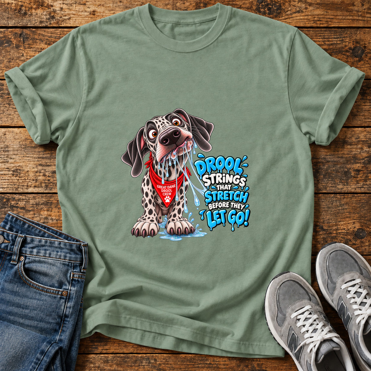 Drool Strings Stretch Great Dane graphic T-shirt in Sage, shown on a flat-lay shirt mockup