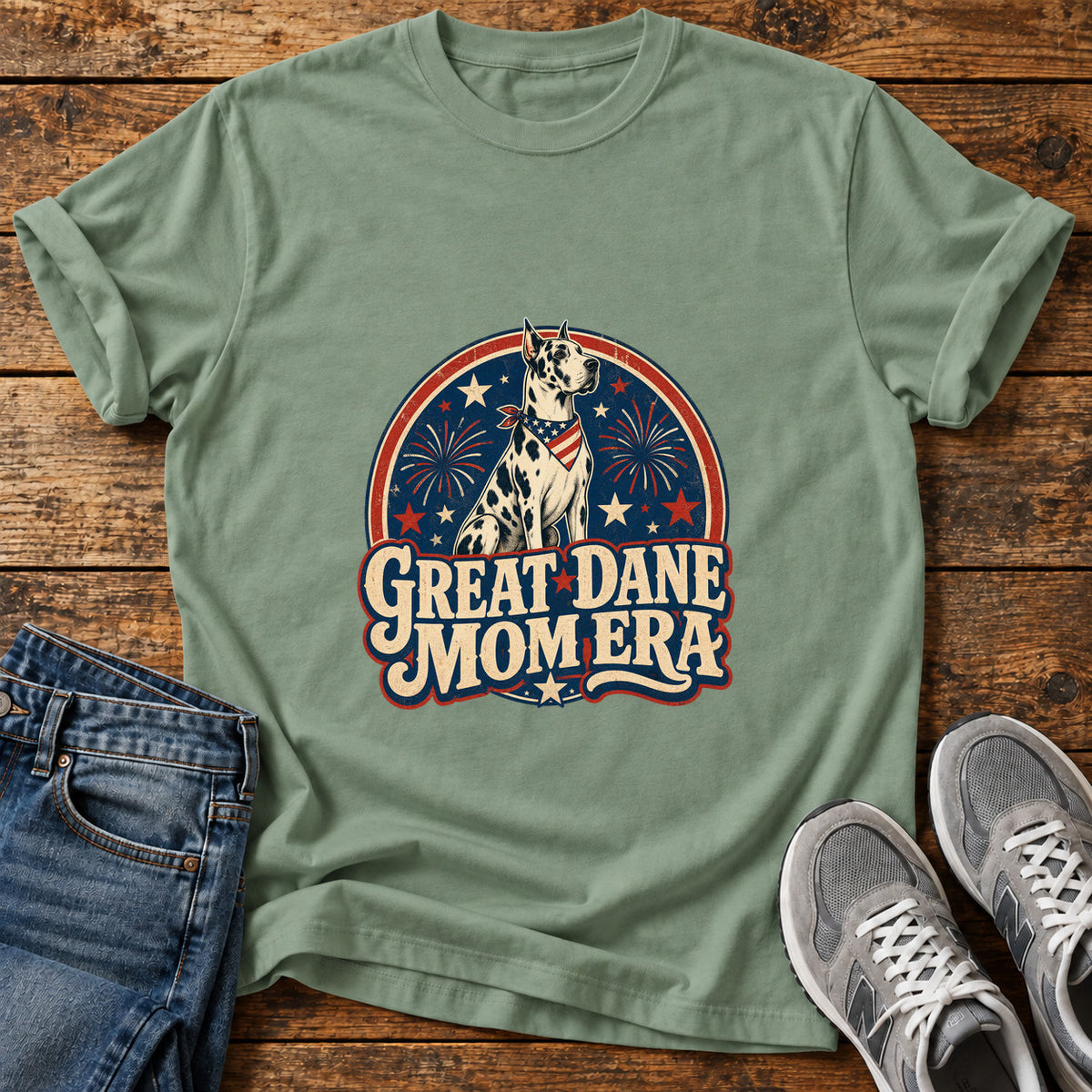Great Dane Mom graphic T-shirt in Sage, shown on a flat-lay shirt mockup