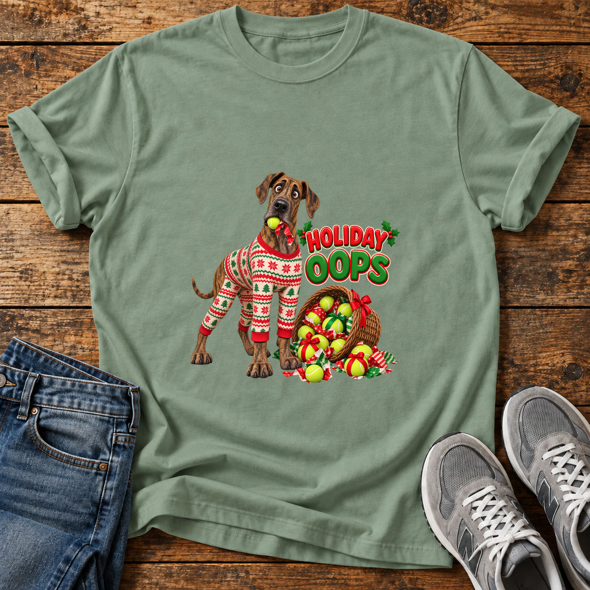 Holiday Oops Great Dane graphic T-shirt in Sage, shown on a flat-lay shirt mockup