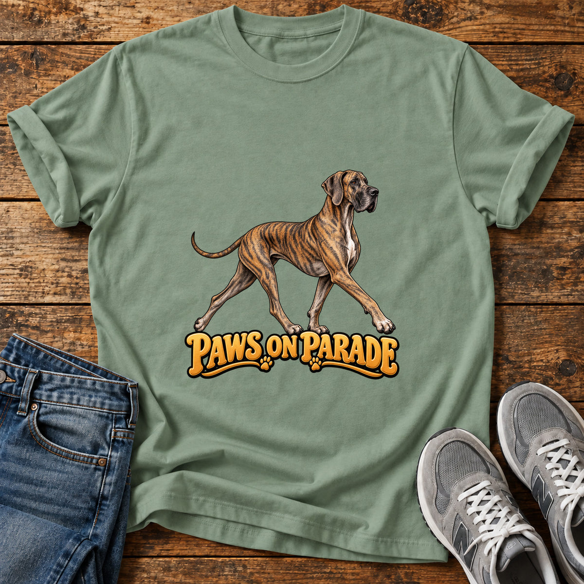 Paws On Parade Great Dane graphic T-shirt in Sage, shown on a flat-lay shirt mockup