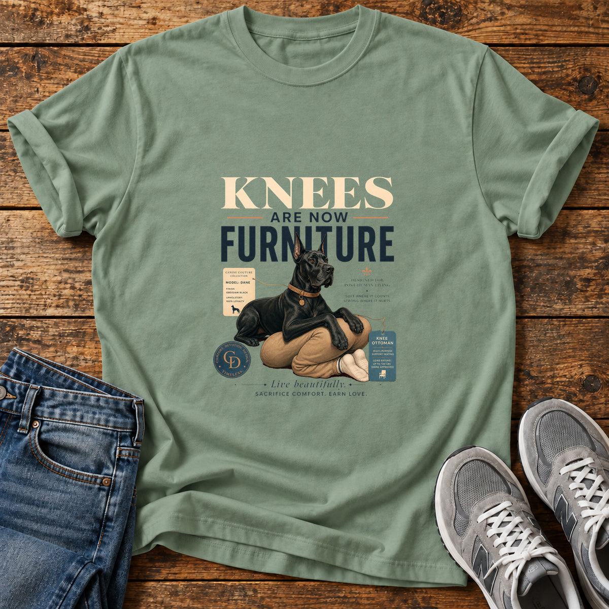 Knees Furniture Great Dane graphic T-shirt in Sage, shown on a flat-lay shirt mockup